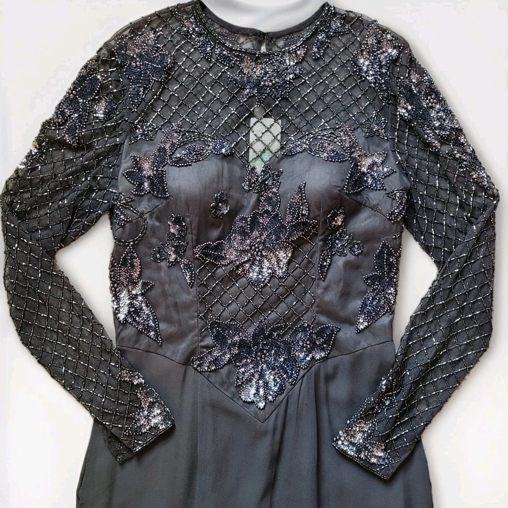 NEW Old Stock Vintage‎ Silk Gray Beaded Gown Dolly Parton Gala Glam Size 8 READ